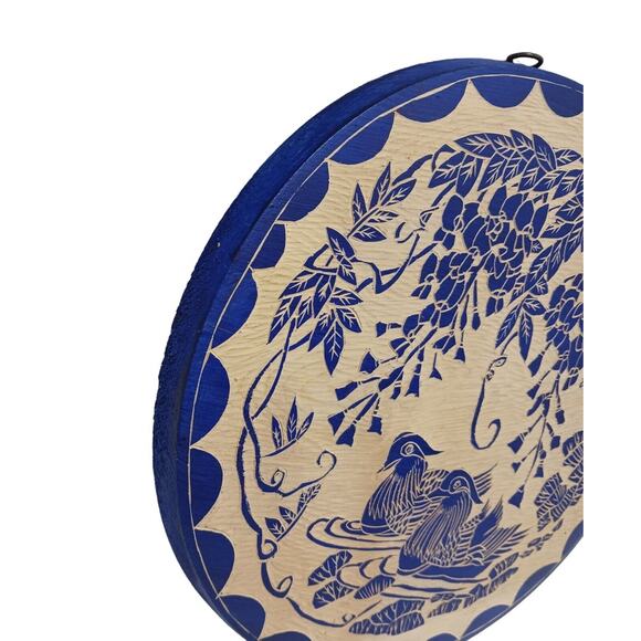 Asian Art Handcarved Wood 10" ROUND BLUE Block Painted BIRDS Ducks Water SIGNED - Picture 6 of 13
